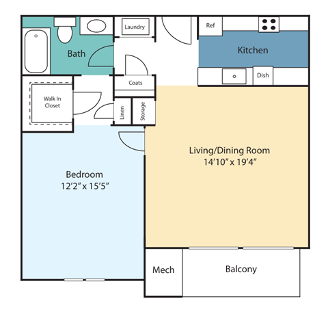 Floor plan for 1 bed, 1 bath, 832 sqft